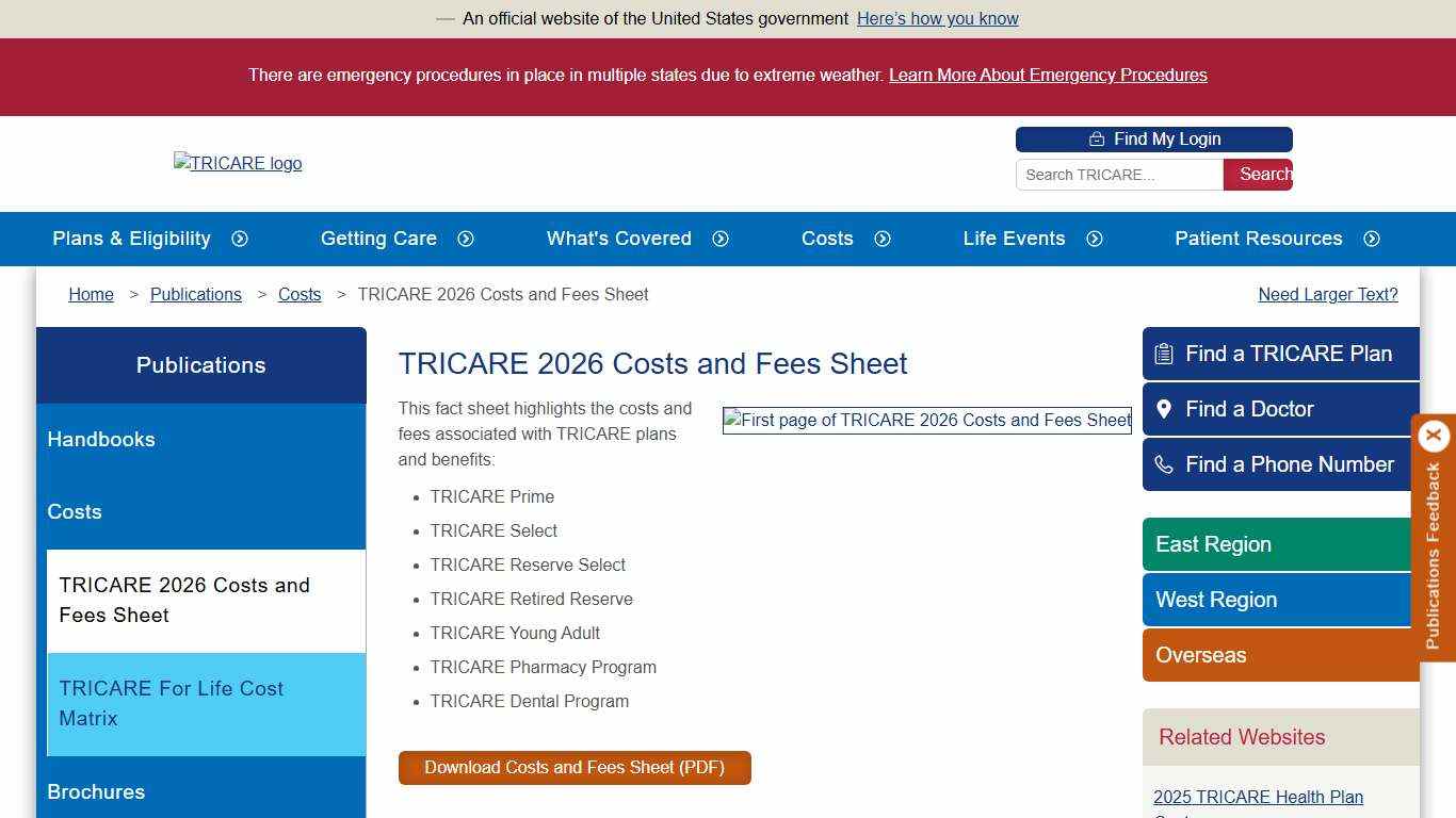 TRICARE 2026 Costs and Fees Sheet TRICARE
